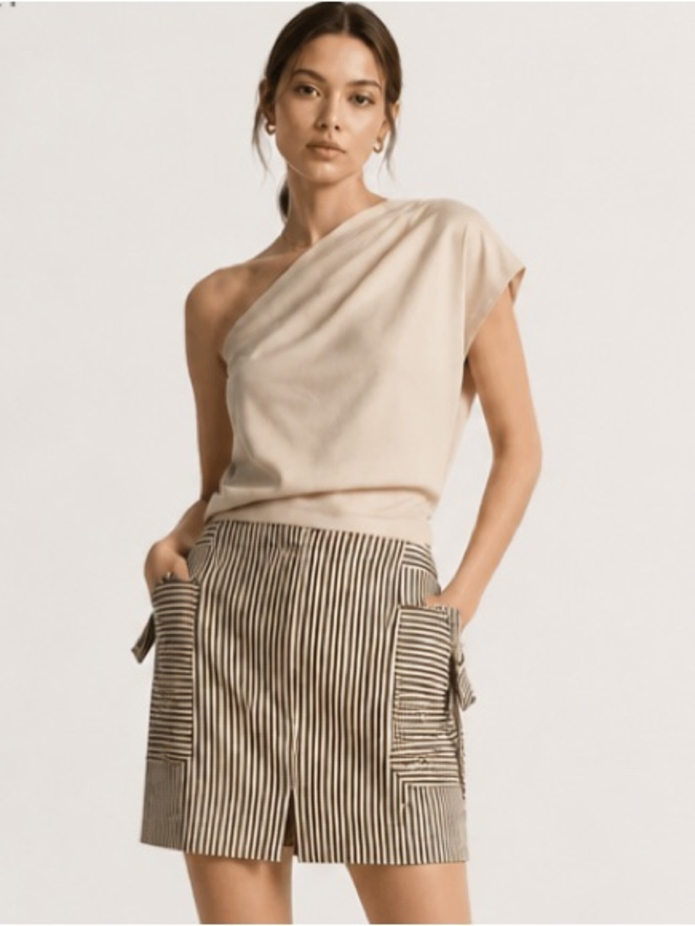 ETCETERA Skirt Striped Pleated Gray White 100% Cotton Lined Short 0
